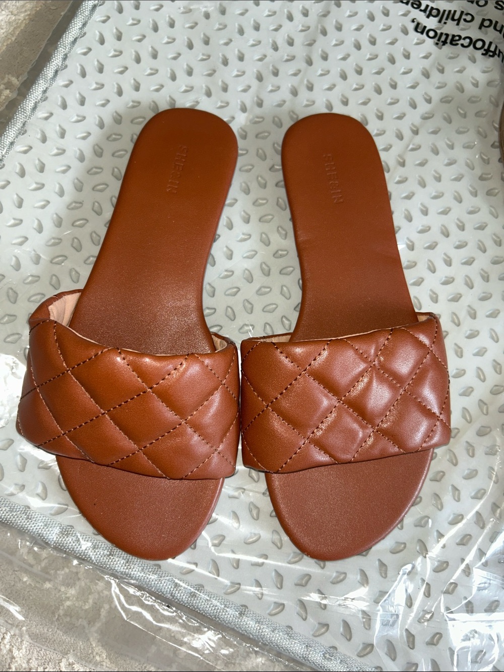 SHEIN Quilted Slide Sandals - Cognac Brown